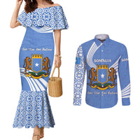 Somalia Couples Matching Mermaid Dress and Long Sleeve Button Shirt with Coat of Arms One Star One Nation Blue White Spirit