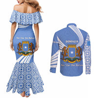 Somalia Couples Matching Mermaid Dress and Long Sleeve Button Shirt with Coat of Arms One Star One Nation Blue White Spirit