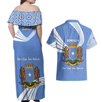 Somalia Couples Matching Off Shoulder Maxi Dress and Hawaiian Shirt with Coat of Arms One Star One Nation Blue White Spirit