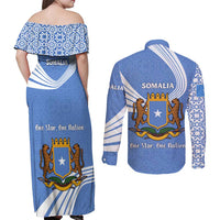Somalia Couples Matching Off Shoulder Maxi Dress and Long Sleeve Button Shirt with Coat of Arms One Star One Nation Blue White Spirit