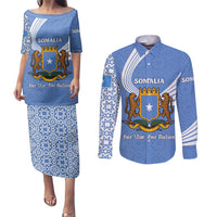 Somalia Couples Matching Puletasi and Long Sleeve Button Shirt with Coat of Arms One Star One Nation Blue White Spirit