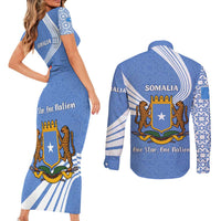 Somalia Couples Matching Short Sleeve Bodycon Dress and Long Sleeve Button Shirt with Coat of Arms One Star One Nation Blue White Spirit