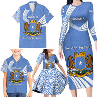 Somalia Family Matching Long Sleeve Bodycon Dress and Hawaiian Shirt with Coat of Arms One Star One Nation Blue White Spirit