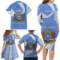 Somalia Family Matching Long Sleeve Bodycon Dress and Hawaiian Shirt with Coat of Arms One Star One Nation Blue White Spirit