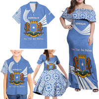 Somalia Family Matching Off Shoulder Maxi Dress and Hawaiian Shirt with Coat of Arms One Star One Nation Blue White Spirit