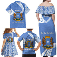 Somalia Family Matching Off Shoulder Maxi Dress and Hawaiian Shirt with Coat of Arms One Star One Nation Blue White Spirit