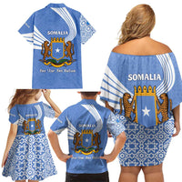 Somalia Family Matching Off Shoulder Short Dress and Hawaiian Shirt with Coat of Arms One Star One Nation Blue White Spirit