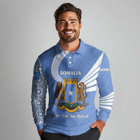 Somalia Long Sleeve Polo Shirt with Coat of Arms One Star One Nation Blue White Spirit