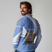 Somalia Long Sleeve Polo Shirt with Coat of Arms One Star One Nation Blue White Spirit