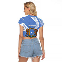 Somalia Raglan Cropped T Shirt with Coat of Arms One Star One Nation Blue White Spirit