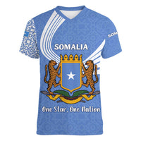 Somalia Women V-Neck T-Shirt with Coat of Arms One Star One Nation Blue White Spirit