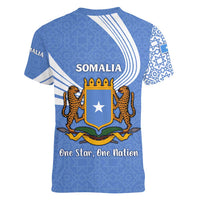 Somalia Women V-Neck T-Shirt with Coat of Arms One Star One Nation Blue White Spirit