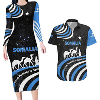 Somalia Couples Matching Long Sleeve Bodycon Dress and Hawaiian Shirt with From Nomads to Nation Camel Galaxy Flag Spirit