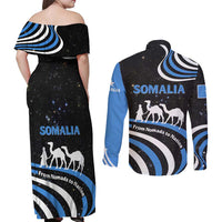 Somalia Couples Matching Off Shoulder Maxi Dress and Long Sleeve Button Shirt with From Nomads to Nation Camel Galaxy Flag Spirit