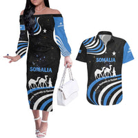 Somalia Couples Matching Off The Shoulder Long Sleeve Dress and Hawaiian Shirt with From Nomads to Nation Camel Galaxy Flag Spirit