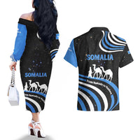 Somalia Couples Matching Off The Shoulder Long Sleeve Dress and Hawaiian Shirt with From Nomads to Nation Camel Galaxy Flag Spirit