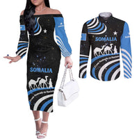 Somalia Couples Matching Off The Shoulder Long Sleeve Dress and Long Sleeve Button Shirt with From Nomads to Nation Camel Galaxy Flag Spirit
