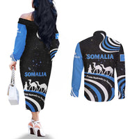 Somalia Couples Matching Off The Shoulder Long Sleeve Dress and Long Sleeve Button Shirt with From Nomads to Nation Camel Galaxy Flag Spirit