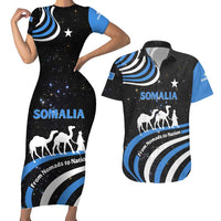 Somalia Couples Matching Short Sleeve Bodycon Dress and Hawaiian Shirt with From Nomads to Nation Camel Galaxy Flag Spirit