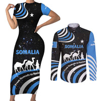 Somalia Couples Matching Short Sleeve Bodycon Dress and Long Sleeve Button Shirt with From Nomads to Nation Camel Galaxy Flag Spirit