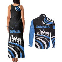 Somalia Couples Matching Tank Maxi Dress and Long Sleeve Button Shirt with From Nomads to Nation Camel Galaxy Flag Spirit
