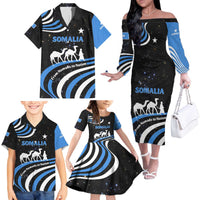 Somalia Family Matching Off The Shoulder Long Sleeve Dress and Hawaiian Shirt with From Nomads to Nation Camel Galaxy Flag Spirit