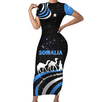 Somalia Short Sleeve Bodycon Dress with From Nomads to Nation Camel Galaxy Flag Spirit