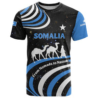 Somalia T Shirt with From Nomads to Nation Camel Galaxy Flag Spirit