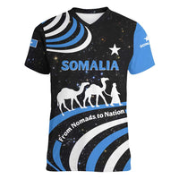 Somalia Women V-Neck T-Shirt with From Nomads to Nation Camel Galaxy Flag Spirit