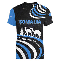 Somalia Women V-Neck T-Shirt with From Nomads to Nation Camel Galaxy Flag Spirit