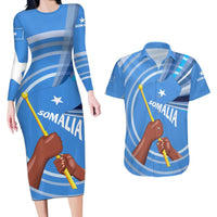 Somalia Couples Matching Long Sleeve Bodycon Dress and Hawaiian Shirt with Raised Fist Flag Blue Unity Wave Spirit
