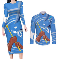 Somalia Couples Matching Long Sleeve Bodycon Dress and Long Sleeve Button Shirt with Raised Fist Flag Blue Unity Wave Spirit