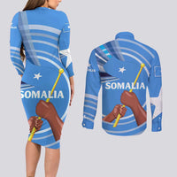 Somalia Couples Matching Long Sleeve Bodycon Dress and Long Sleeve Button Shirt with Raised Fist Flag Blue Unity Wave Spirit