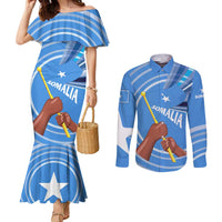 Somalia Couples Matching Mermaid Dress and Long Sleeve Button Shirt with Raised Fist Flag Blue Unity Wave Spirit