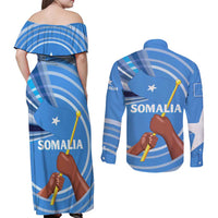 Somalia Couples Matching Off Shoulder Maxi Dress and Long Sleeve Button Shirt with Raised Fist Flag Blue Unity Wave Spirit