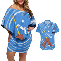 Somalia Couples Matching Off Shoulder Short Dress and Hawaiian Shirt with Raised Fist Flag Blue Unity Wave Spirit