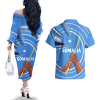 Somalia Couples Matching Off The Shoulder Long Sleeve Dress and Hawaiian Shirt with Raised Fist Flag Blue Unity Wave Spirit