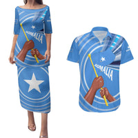 Somalia Couples Matching Puletasi and Hawaiian Shirt with Raised Fist Flag Blue Unity Wave Spirit