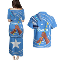 Somalia Couples Matching Puletasi and Hawaiian Shirt with Raised Fist Flag Blue Unity Wave Spirit