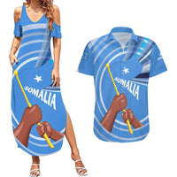 Somalia Couples Matching Summer Maxi Dress and Hawaiian Shirt with Raised Fist Flag Blue Unity Wave Spirit
