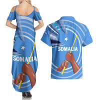 Somalia Couples Matching Summer Maxi Dress and Hawaiian Shirt with Raised Fist Flag Blue Unity Wave Spirit