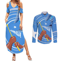 Somalia Couples Matching Summer Maxi Dress and Long Sleeve Button Shirt with Raised Fist Flag Blue Unity Wave Spirit