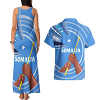 Somalia Couples Matching Tank Maxi Dress and Hawaiian Shirt with Raised Fist Flag Blue Unity Wave Spirit
