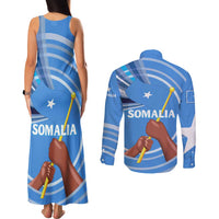Somalia Couples Matching Tank Maxi Dress and Long Sleeve Button Shirt with Raised Fist Flag Blue Unity Wave Spirit