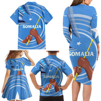 Somalia Family Matching Long Sleeve Bodycon Dress and Hawaiian Shirt with Raised Fist Flag Blue Unity Wave Spirit