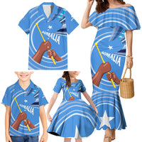 Somalia Family Matching Mermaid Dress and Hawaiian Shirt with Raised Fist Flag Blue Unity Wave Spirit