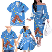 Somalia Family Matching Off The Shoulder Long Sleeve Dress and Hawaiian Shirt with Raised Fist Flag Blue Unity Wave Spirit