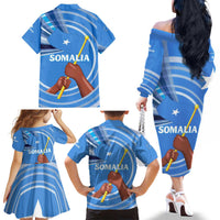 Somalia Family Matching Off The Shoulder Long Sleeve Dress and Hawaiian Shirt with Raised Fist Flag Blue Unity Wave Spirit