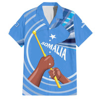Somalia Family Matching Off The Shoulder Long Sleeve Dress and Hawaiian Shirt with Raised Fist Flag Blue Unity Wave Spirit
