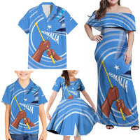 Somalia Family Matching Off Shoulder Maxi Dress and Hawaiian Shirt with Raised Fist Flag Blue Unity Wave Spirit